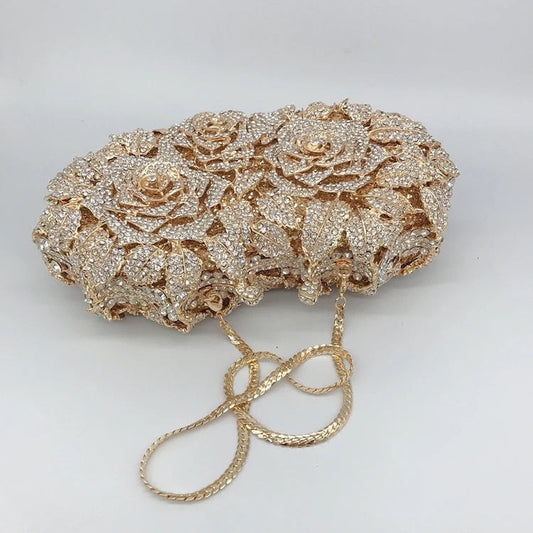 Flower Rhinestone Embellished Clutch In Gold REBECATHELABEL