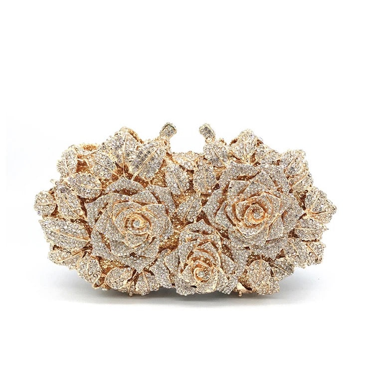 Flower Rhinestone Embellished Clutch In Gold REBECATHELABEL