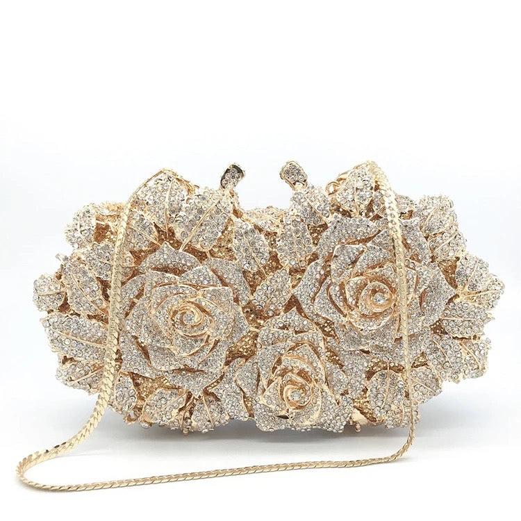 Flower Rhinestone Embellished Clutch In Gold REBECATHELABEL