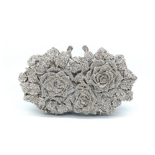 Flower Rhinestone Embellished Clutch In Silver REBECATHELABEL