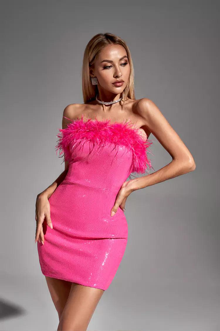 Gemma Pink Feather Mini Dress REBECATHELABEL