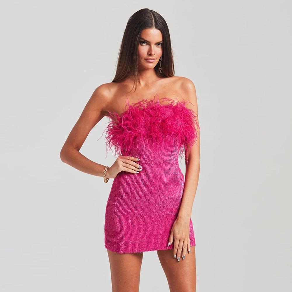 Gemma Pink Feather Mini Dress REBECATHELABEL