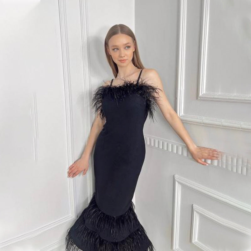 Genaida feather dress REBECATHELABEL