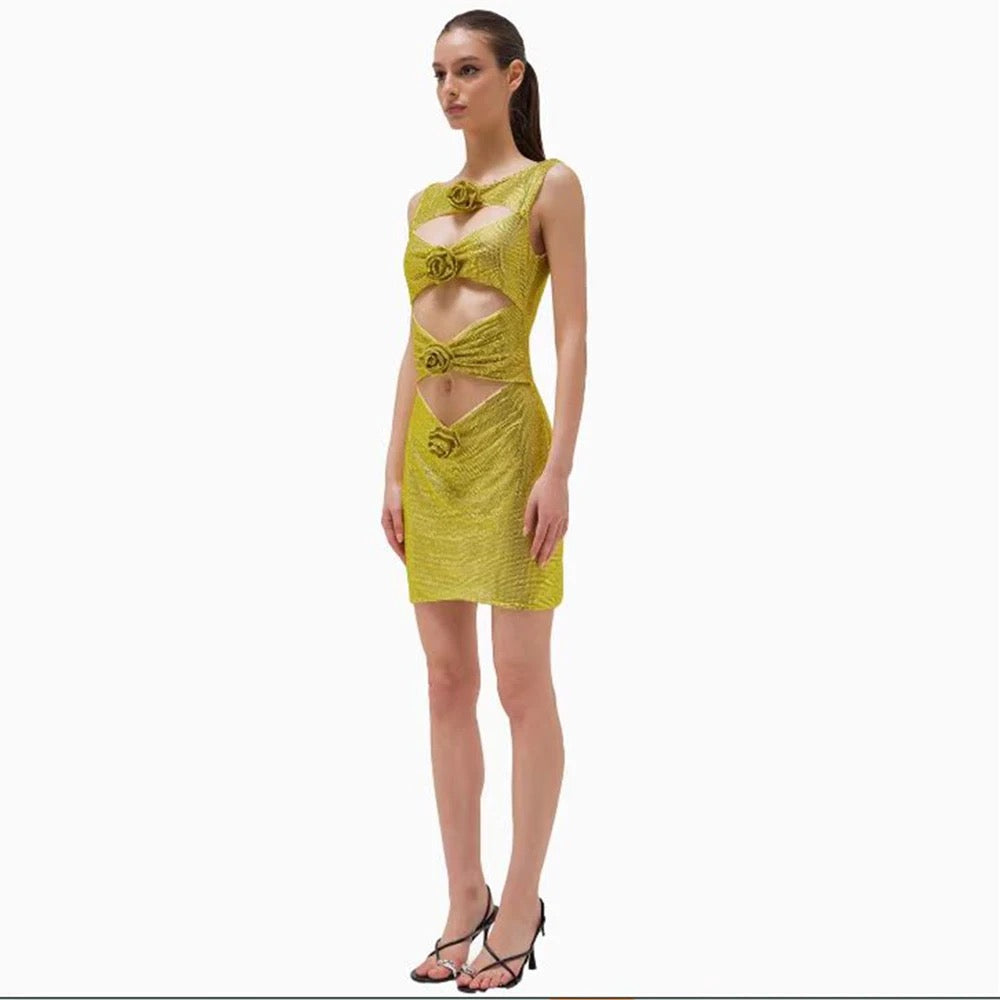 Gold Sexy Diamond Flower Hollow Sleeveless Mini Dress REBECATHELABEL