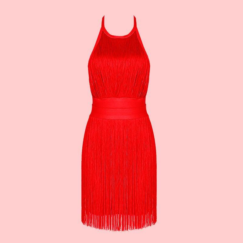 Halter Bandage Dress Sexy Backless Tassel Sleeveless Tight Party Dress REBECATHELABEL