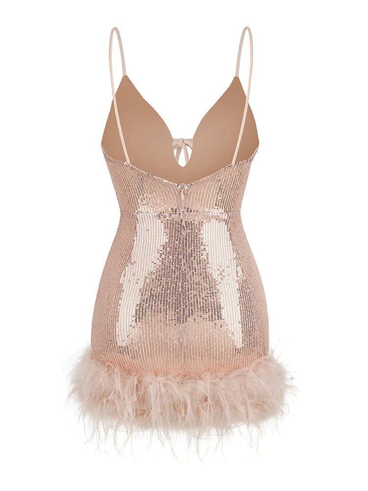 Halter Sequin Feather Mini Dress REBECATHELABEL