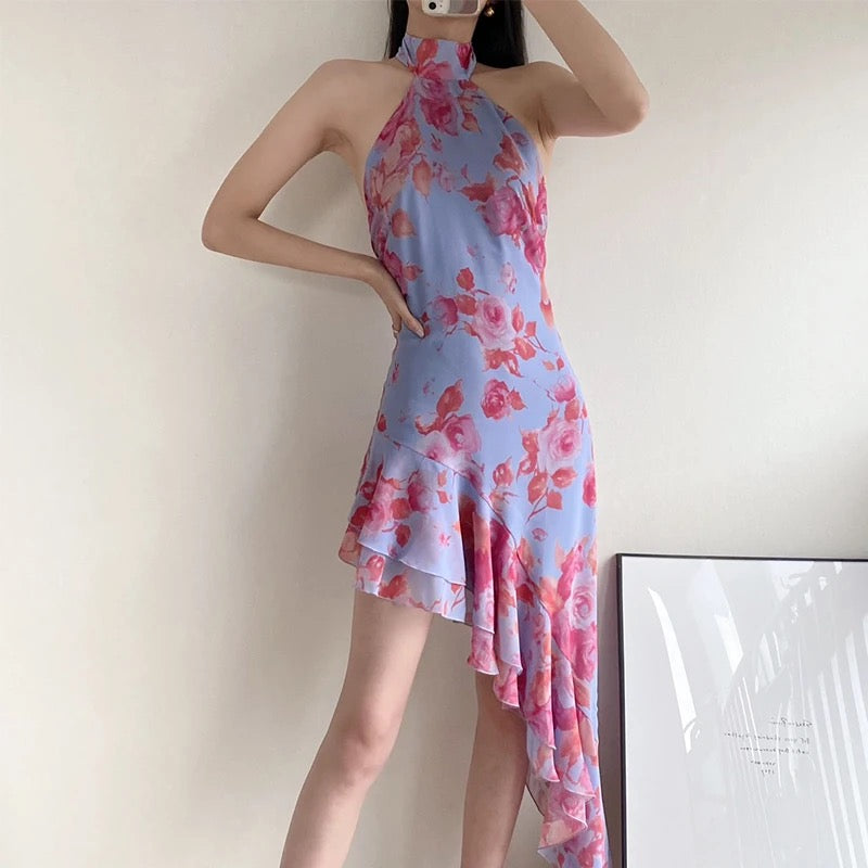 Halterneck Floral Asymmetric Ruffle Dress REBECATHELABEL