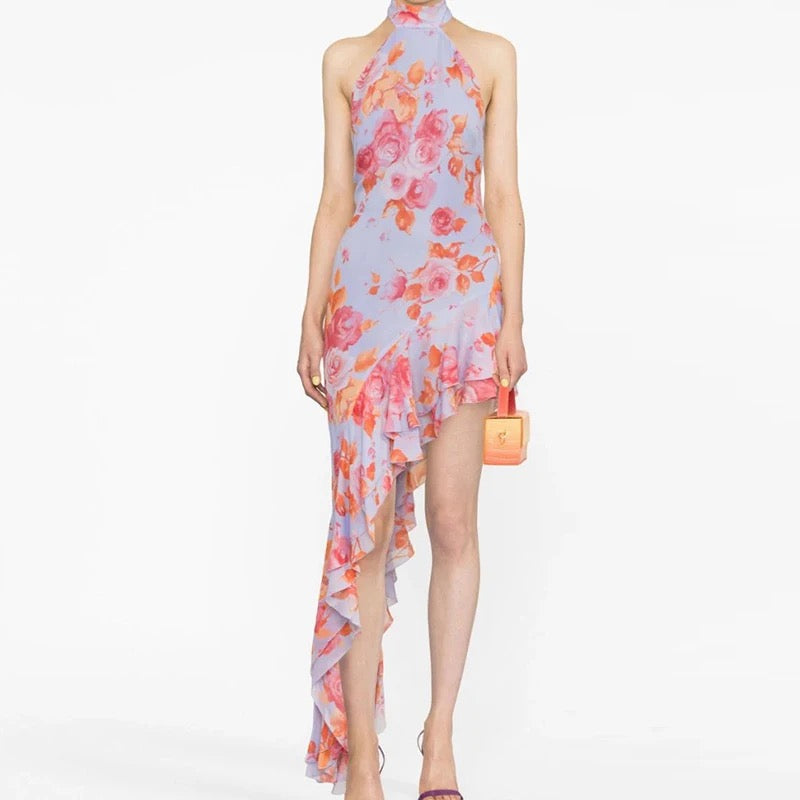 Halterneck Floral Asymmetric Ruffle Dress REBECATHELABEL