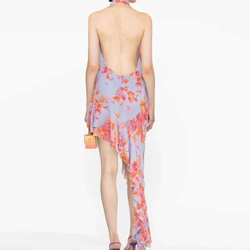 Halterneck Floral Asymmetric Ruffle Dress REBECATHELABEL