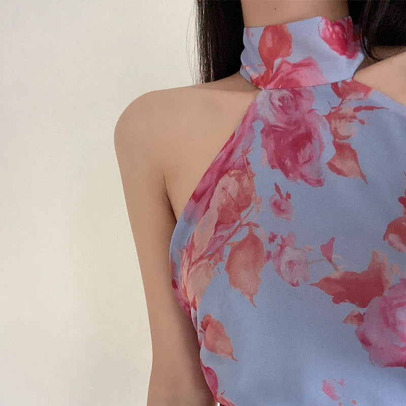 Halterneck Floral Asymmetric Ruffle Dress REBECATHELABEL