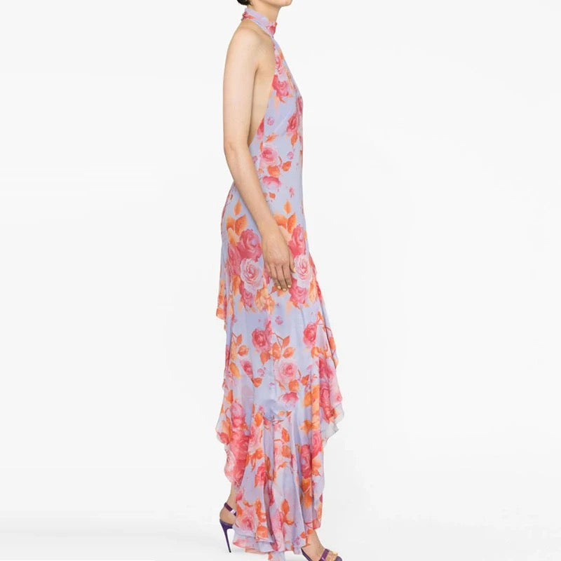 Halterneck Floral Asymmetric Ruffle Dress REBECATHELABEL