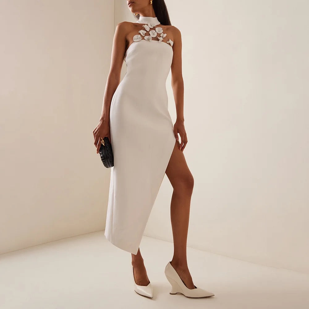 Height Split Sleeveless Long Sleeve Bandage Dress with 3D Flower REBECATHELABEL