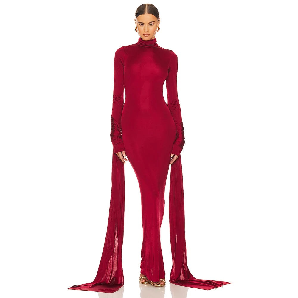 High Neck Long Sleeve Folded Tight Maxi Dress REBECATHELABEL