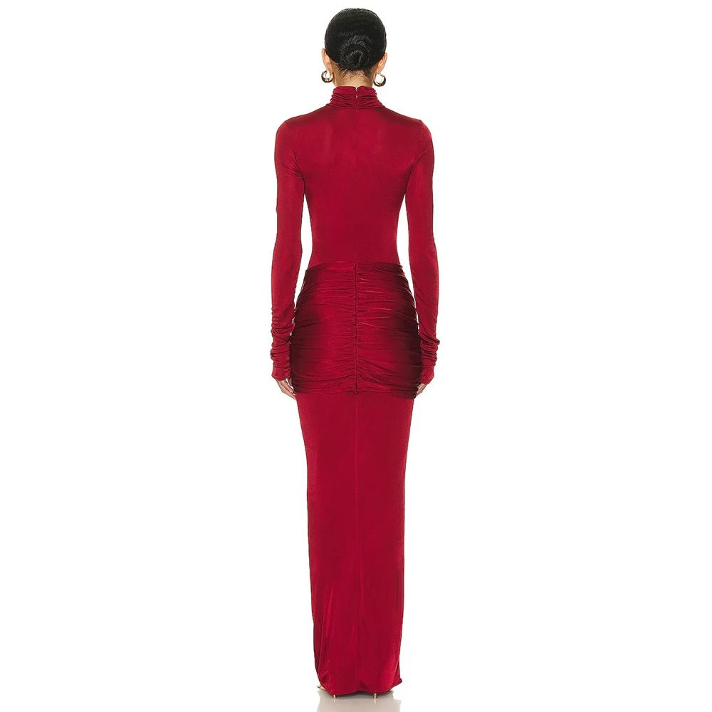 High Neck Long Sleeve Folded Tight Maxi Dress REBECATHELABEL