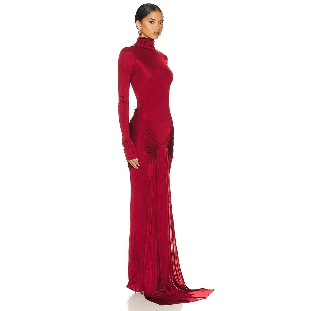 High Neck Long Sleeve Folded Tight Maxi Dress REBECATHELABEL