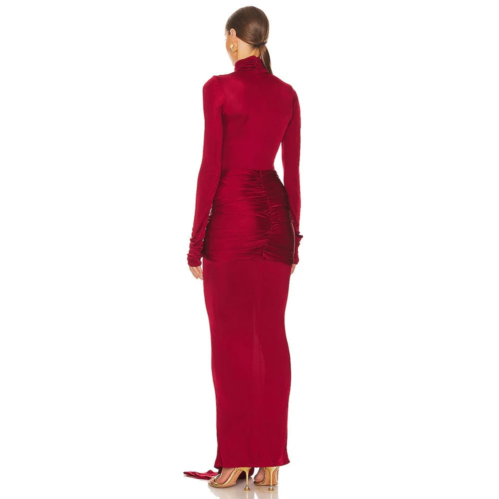 High Neck Long Sleeve Folded Tight Maxi Dress REBECATHELABEL