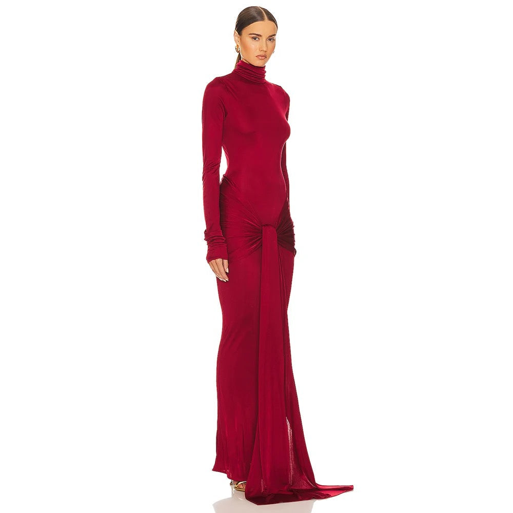 High Neck Long Sleeve Folded Tight Maxi Dress REBECATHELABEL