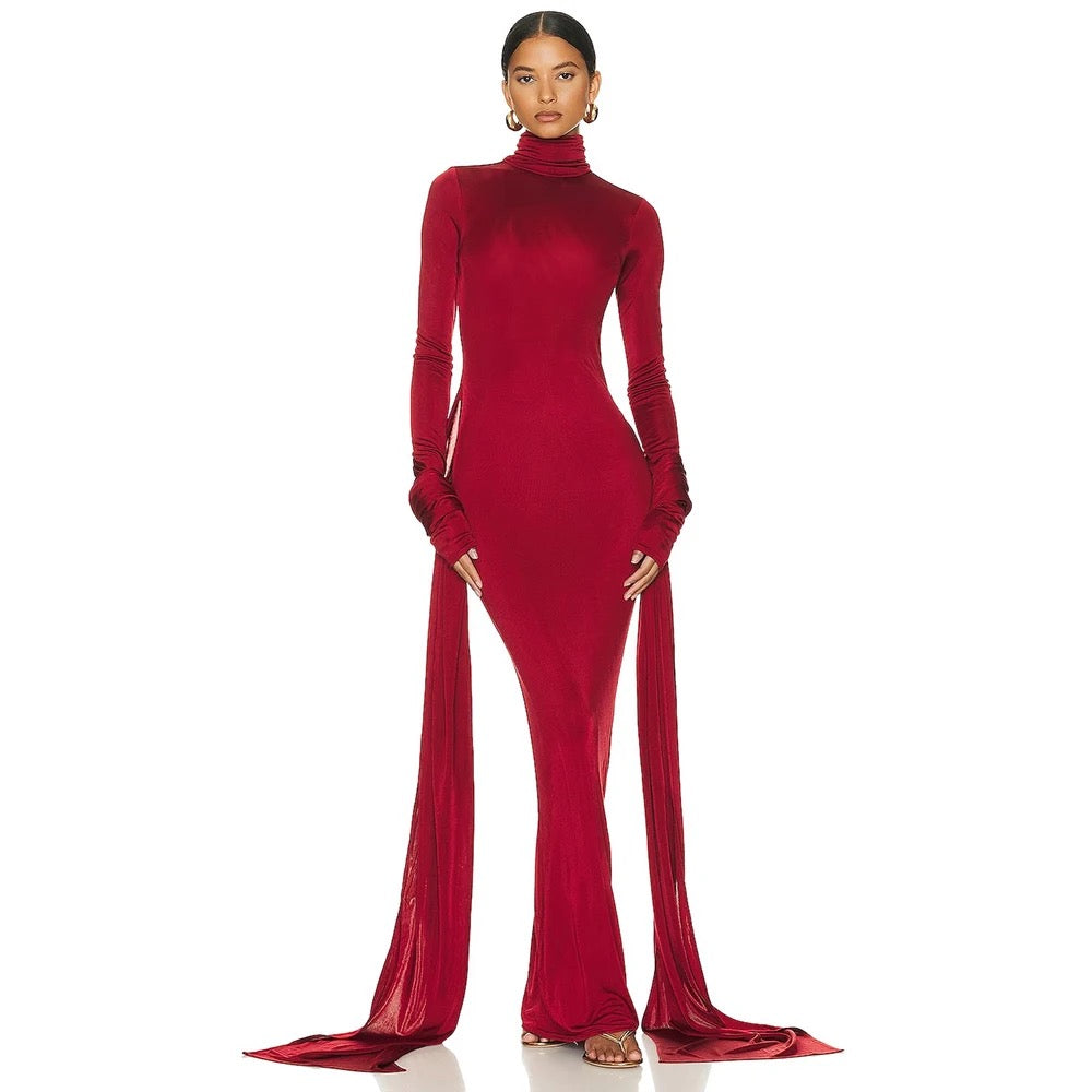 High Neck Long Sleeve Folded Tight Maxi Dress REBECATHELABEL