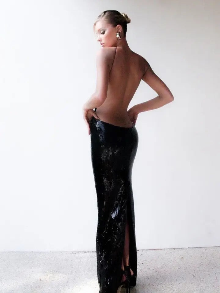 Hollow Back Black Sequin Long Dress REBECATHELABEL