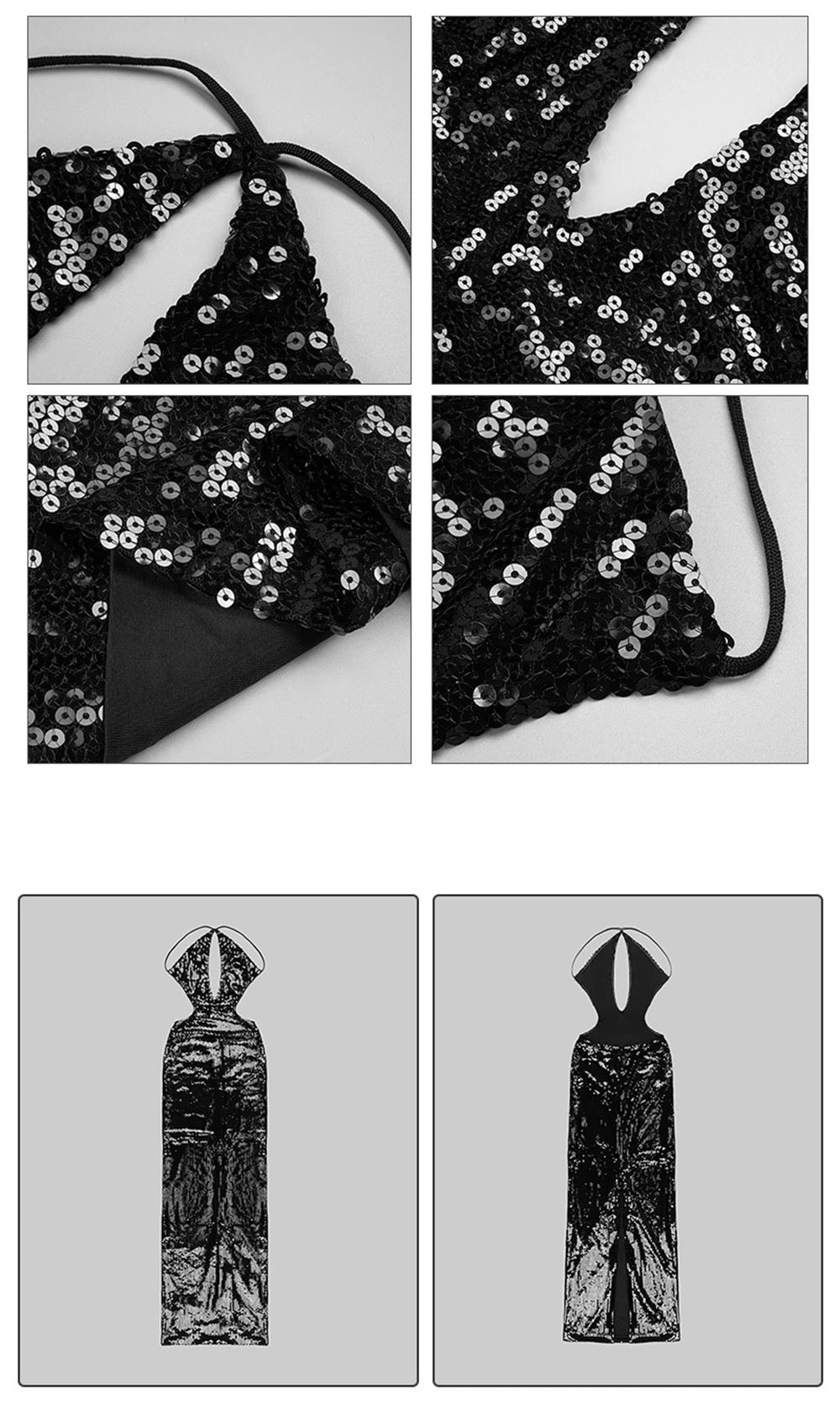 Hollow Back Black Sequin Long Dress REBECATHELABEL