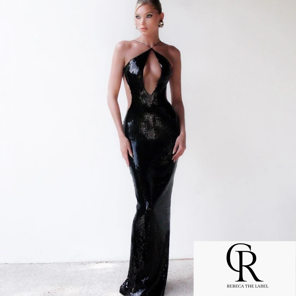 Hollow Back Black Sequin Long Dress REBECATHELABEL