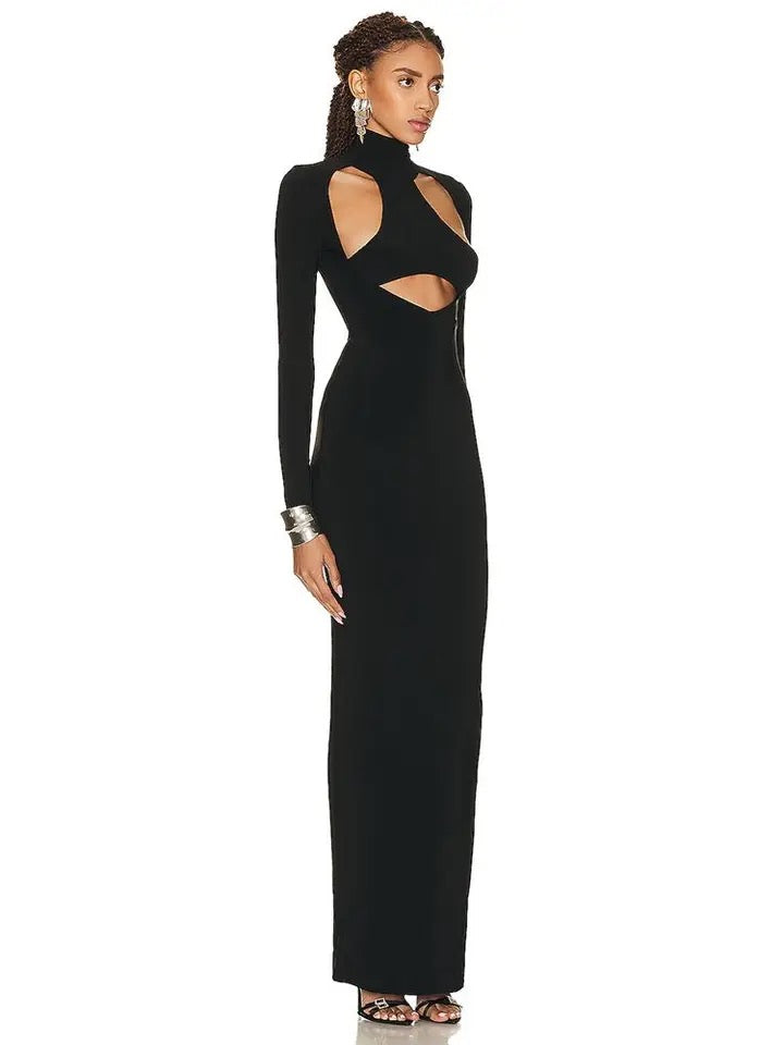 Hollow out High Neck Long Sleeve Tight Long Dress REBECATHELABEL