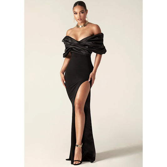 Satin Pleated Off Shoulder Split Formal Ball Dress