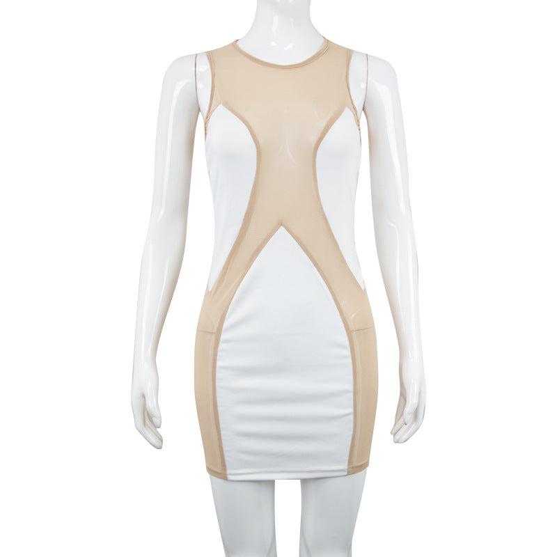 Mesh See-through Stitching Milk Silk Dress