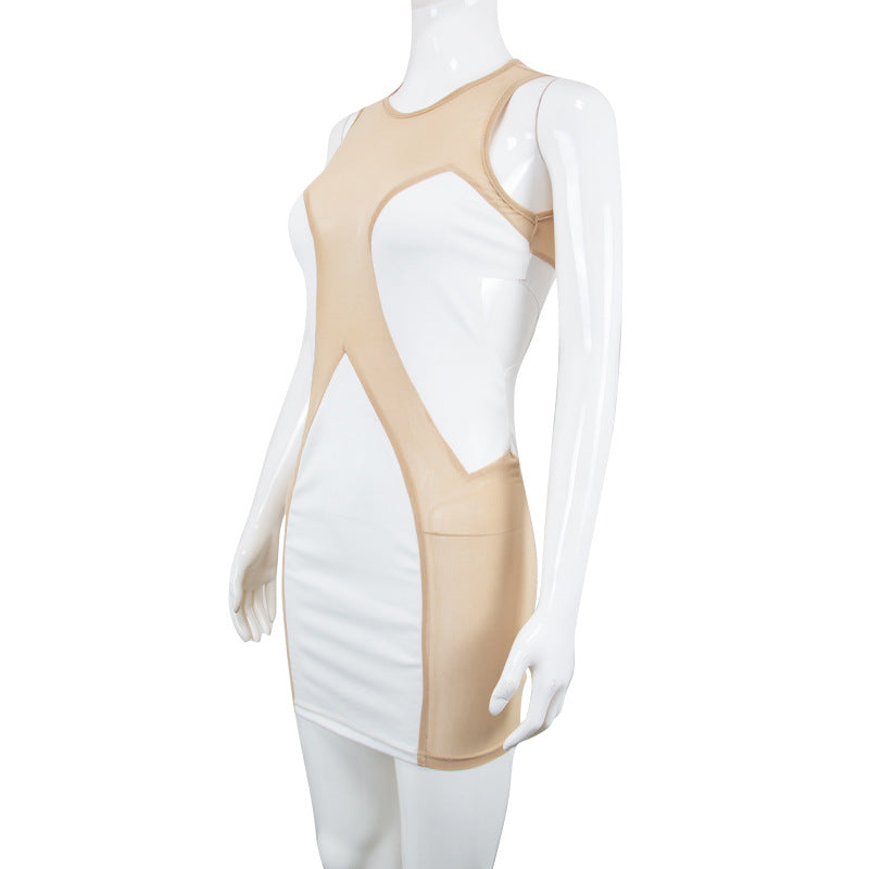 Mesh See-through Stitching Milk Silk Dress