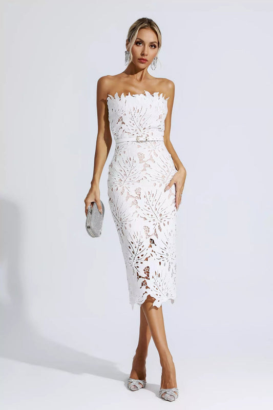 Jazlyn White Floral Lace Midi Dress REBECATHELABEL