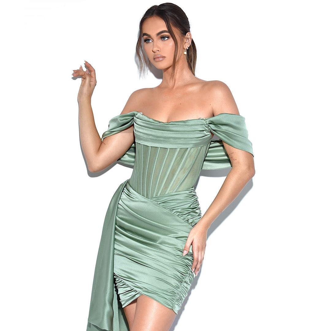 Kendal Basil Satin dress REBECATHELABEL