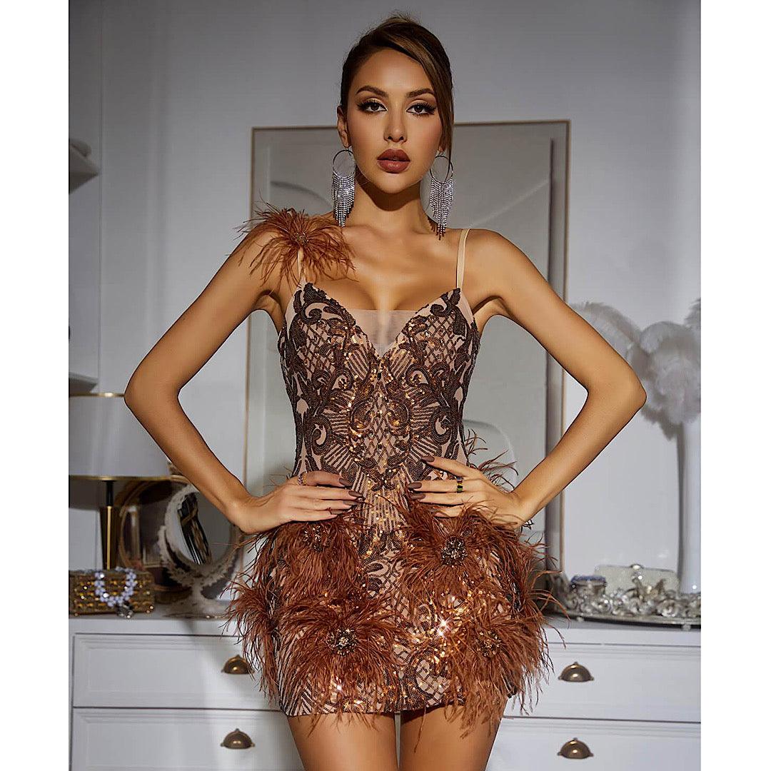 Kim Mesh Sequin Feather Mini Dress REBECATHELABEL