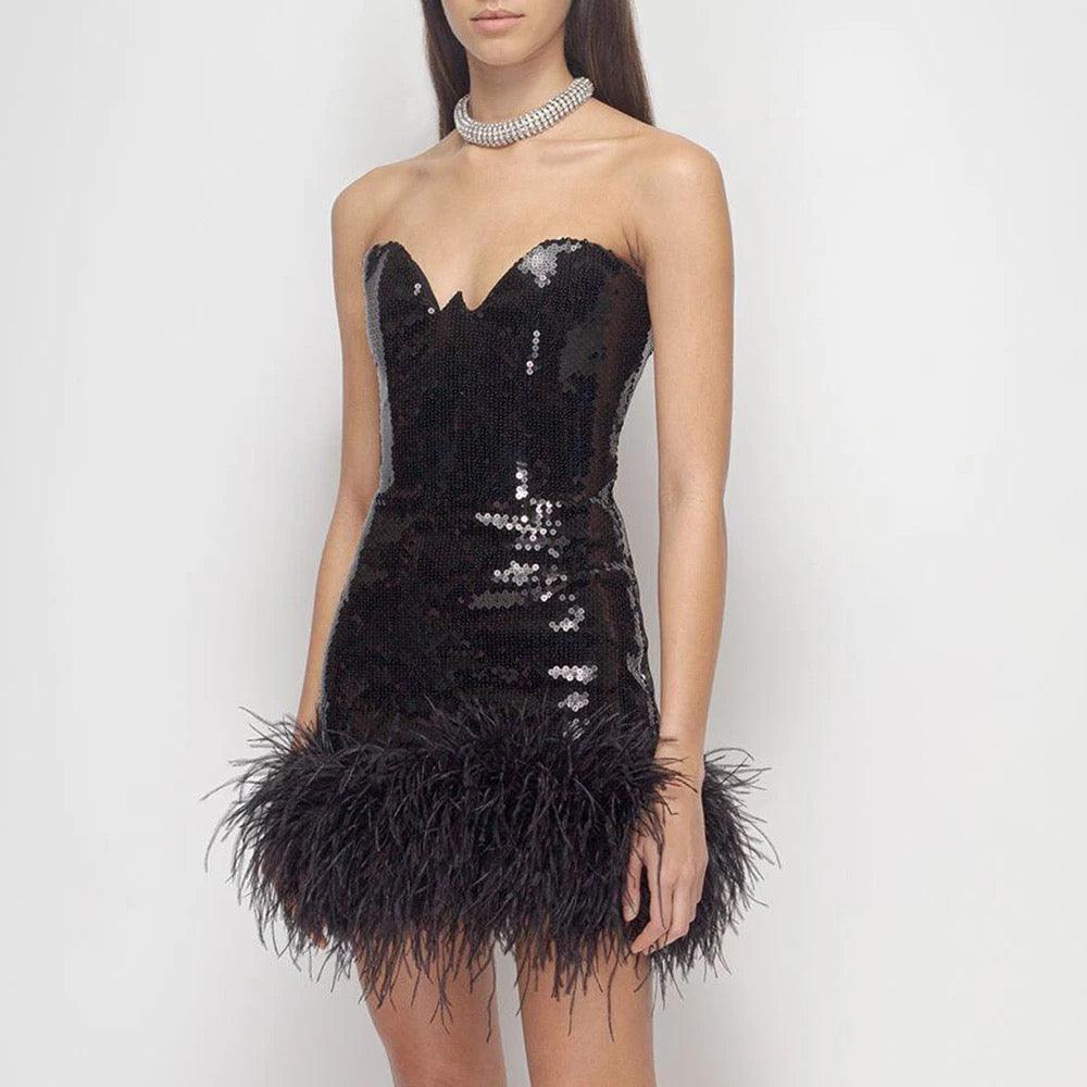 Kimola feather mini dress REBECATHELABEL