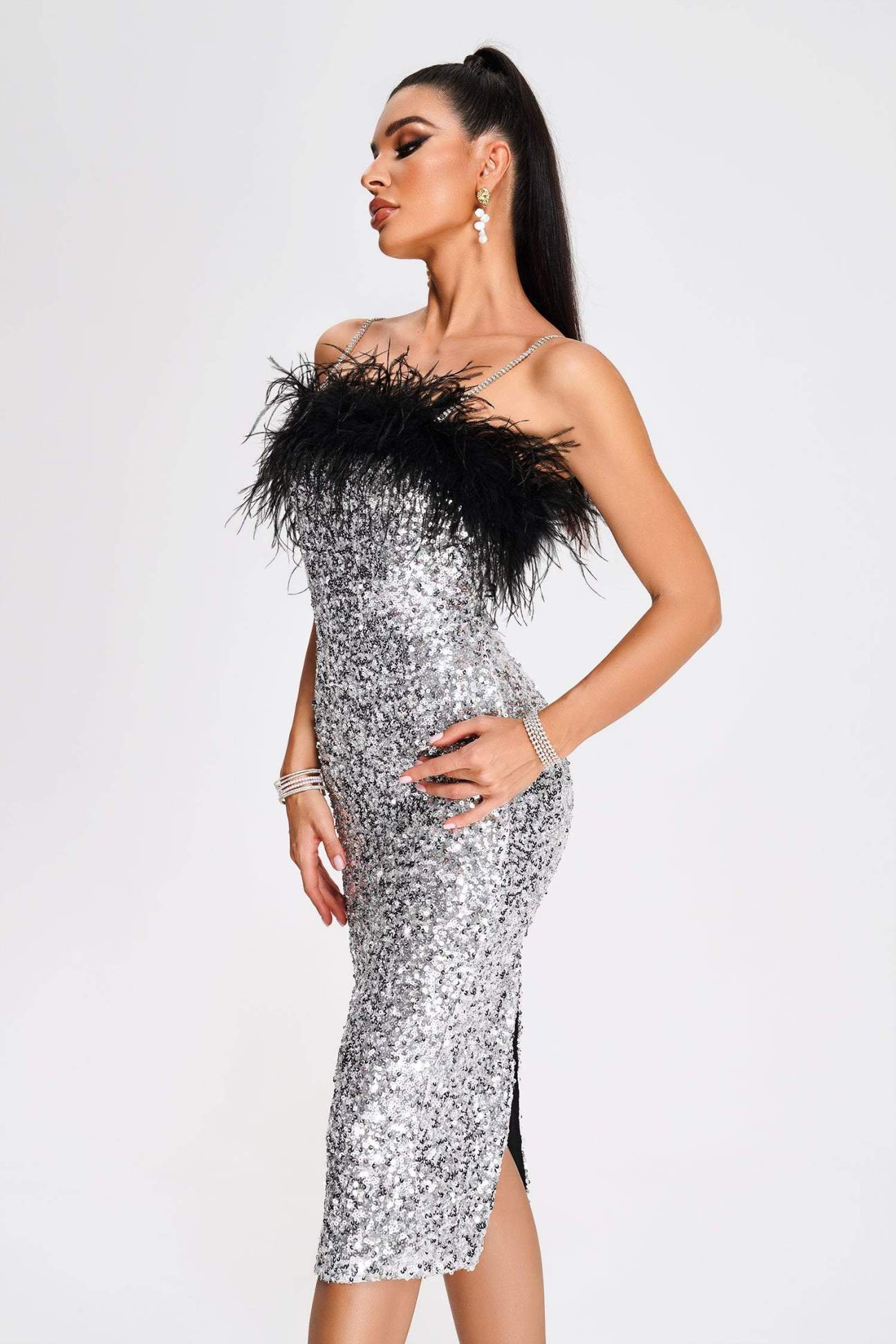 Koko Feather Sequin Midi Dress REBECATHELABEL