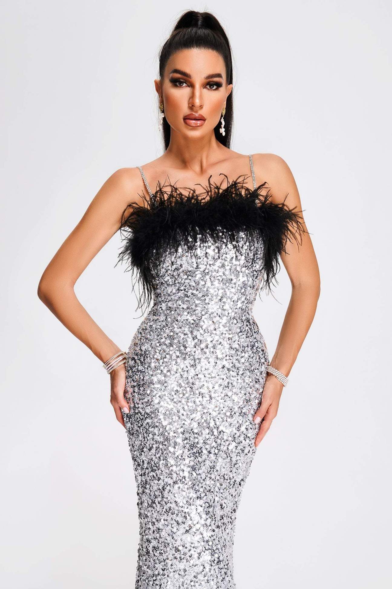 Koko Feather Sequin Midi Dress REBECATHELABEL