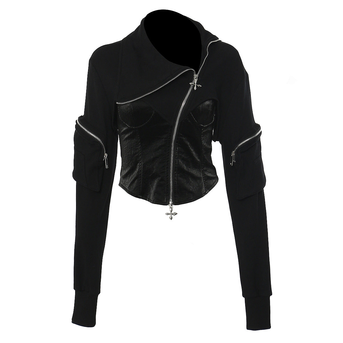 Lapel Zipper Backless Pu Leather Spliced Slim Lace-up jacket REBECATHELABEL