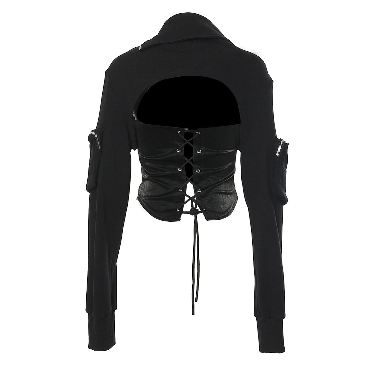 Lapel Zipper Backless Pu Leather Spliced Slim Lace-up jacket REBECATHELABEL