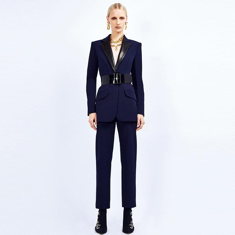 Leather Patchwork Collar Belt Mid Length Blazer Suit  Set REBECATHELABEL