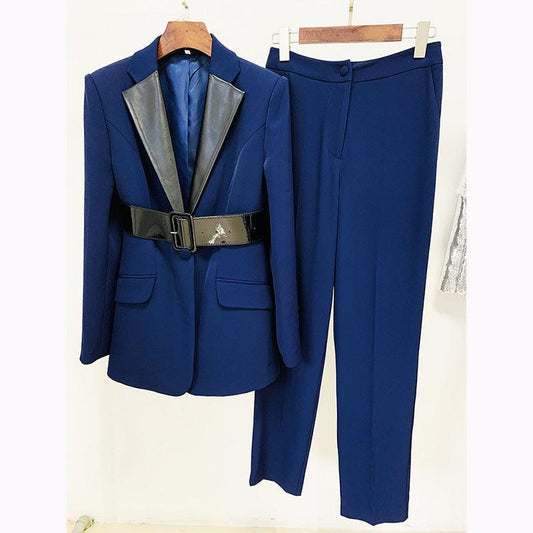 Leather Patchwork Collar Belt Mid Length Blazer Suit  Set REBECATHELABEL