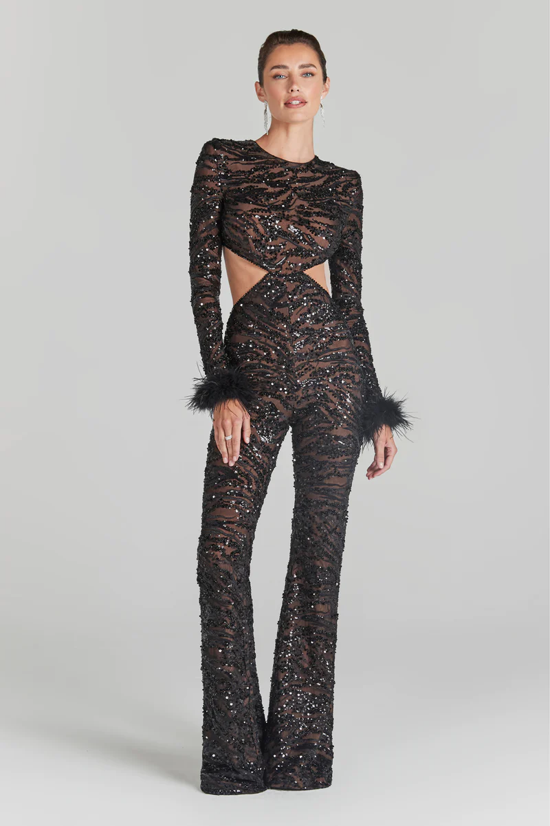 Leatrice sequin feather jumpsuit REBECATHELABEL