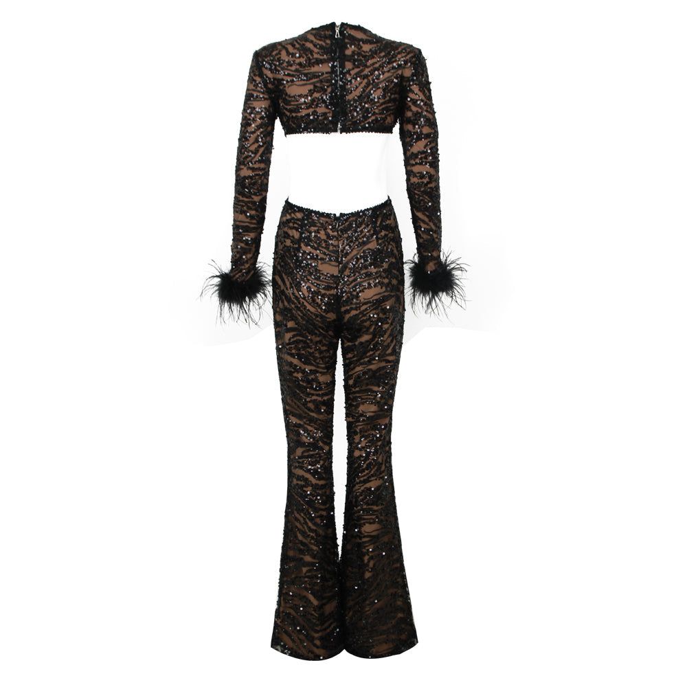 Leatrice sequin feather jumpsuit REBECATHELABEL