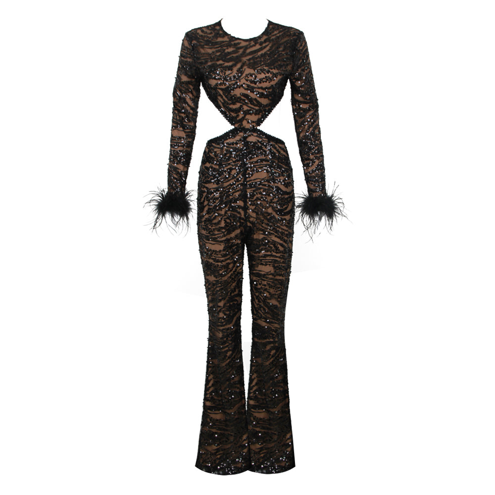 Leatrice sequin feather jumpsuit REBECATHELABEL