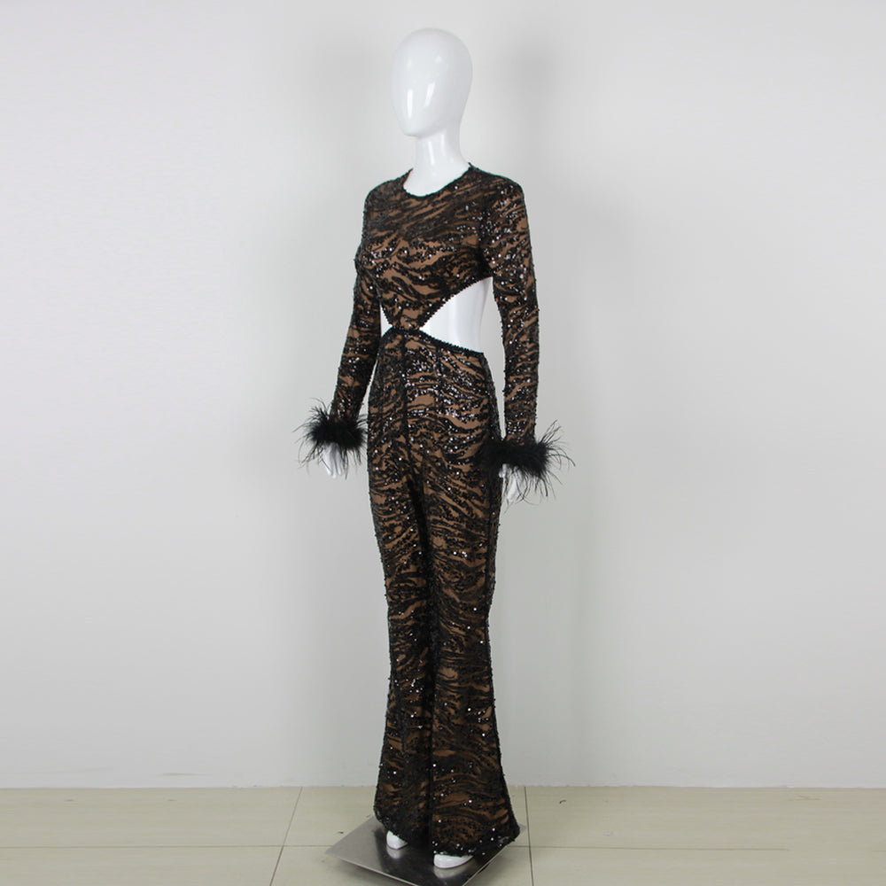 Leatrice sequin feather jumpsuit REBECATHELABEL