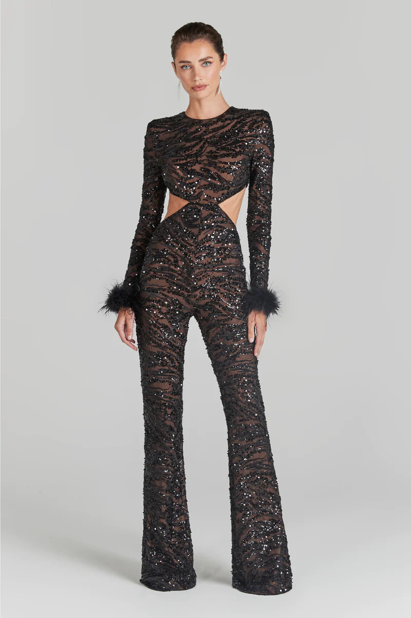 Leatrice sequin feather jumpsuit REBECATHELABEL