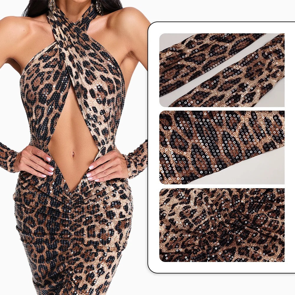 Leopard Sequins Cross Hanging Gloves Neck Backless Dress REBECATHELABEL