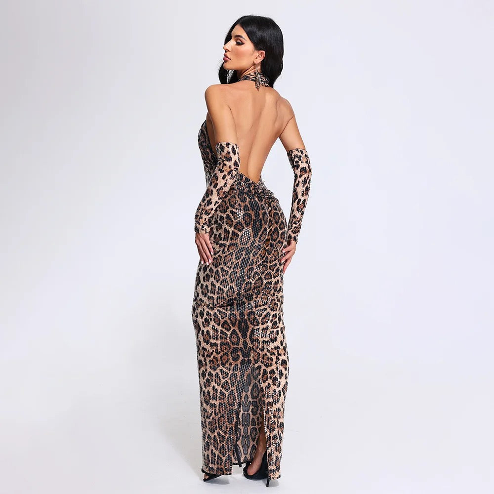 Leopard Sequins Cross Hanging Gloves Neck Backless Dress REBECATHELABEL