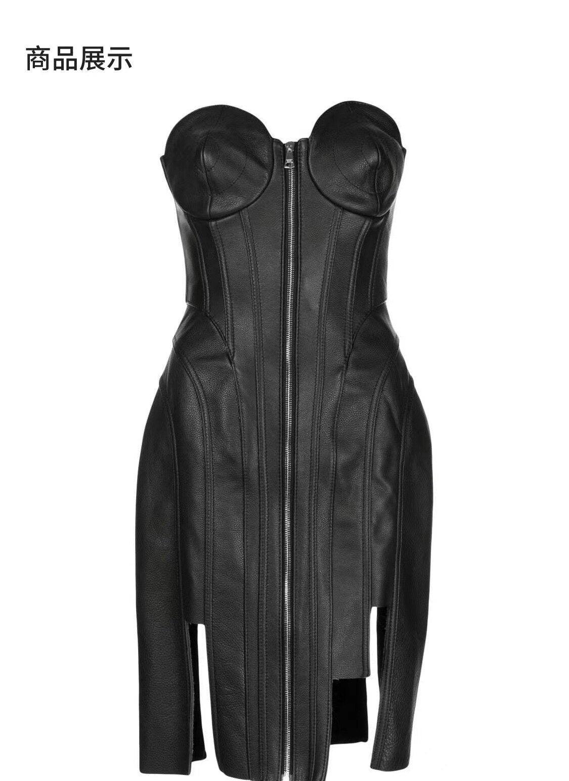 Long Leather Elegant Zipper Dress REBECATHELABEL