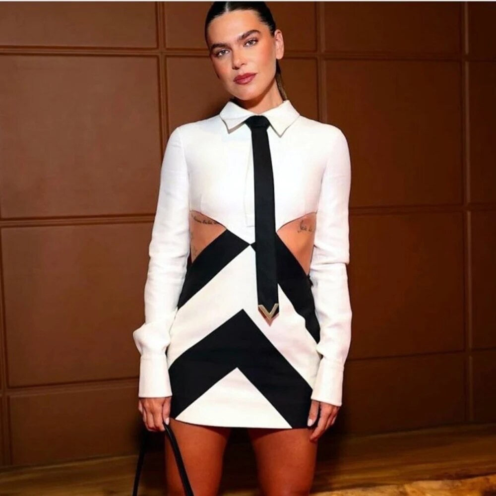 Long Sleeve Black and White Contrast Hollow Mini Tight Bandage Dress REBECATHELABEL