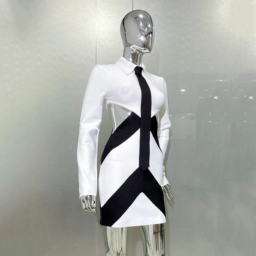 Long Sleeve Black and White Contrast Hollow Mini Tight Bandage Dress REBECATHELABEL