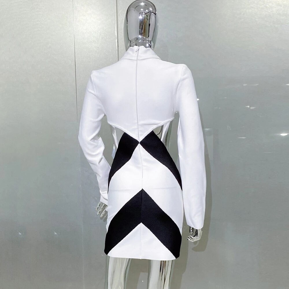 Long Sleeve Black and White Contrast Hollow Mini Tight Bandage Dress REBECATHELABEL